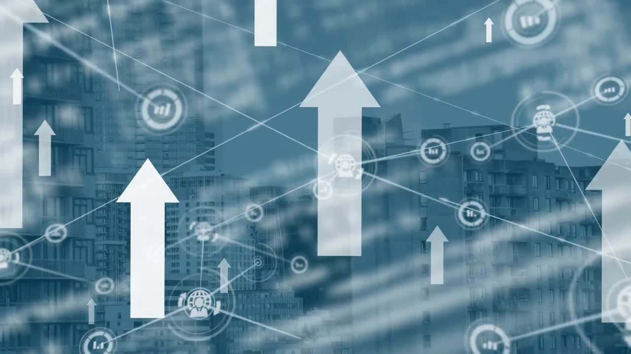 animación de la red de conexiones con iconos sobre el paisaje urbano