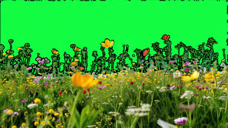 vibrant wildflowers in meadow animated overlay, transparent 4k video, alpha channel, prores 4444