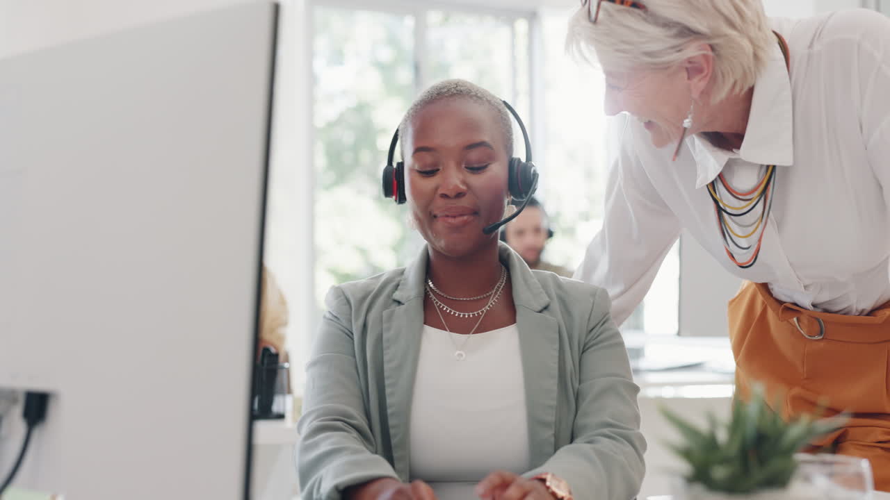 Call center, training and black woman with manager