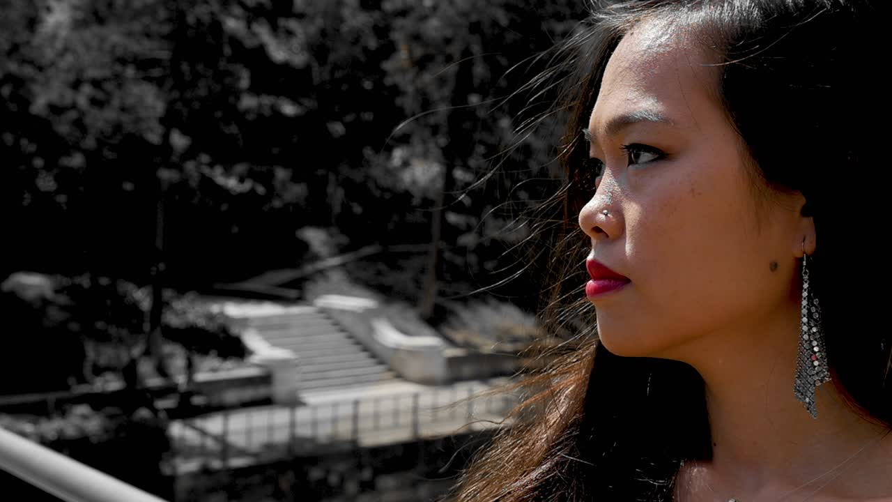 비엔나 스타트파크에서 은 립스틱을 입은 우아한 여성, 빛, 야외, 선택적인 색상