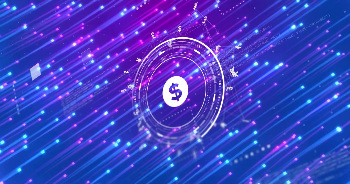 Segno del dollaro HUD bianco che appare all'avvio, anelli che ruotano e glifi in orbita, a rappresentare la finanza.