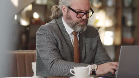 senior businessman working on laptop in restaurant