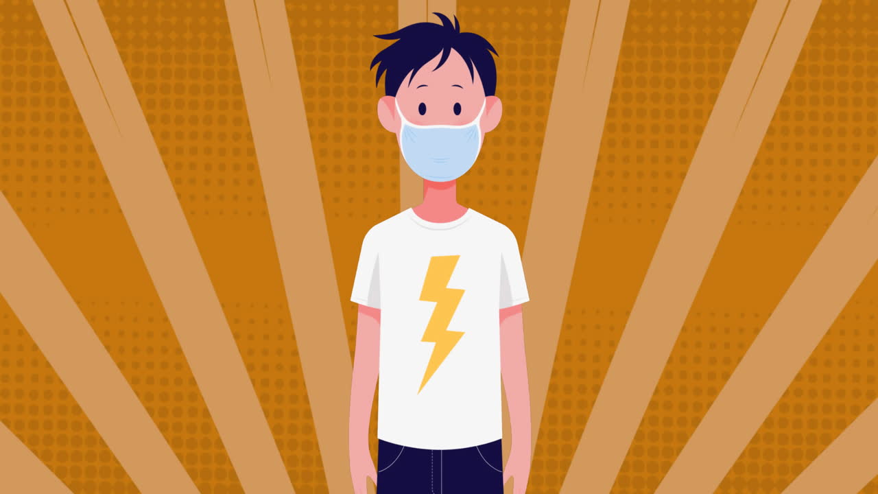 animación de la caída de las células de covid-19 sobre un hombre que usa una máscara facial