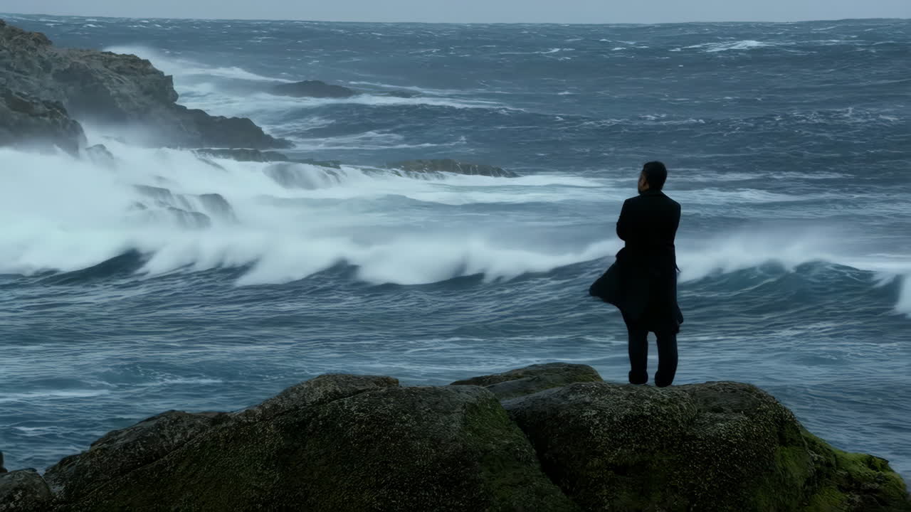 Man in coat stands on rocky coast, gazing at dramatic stormy ocean waves