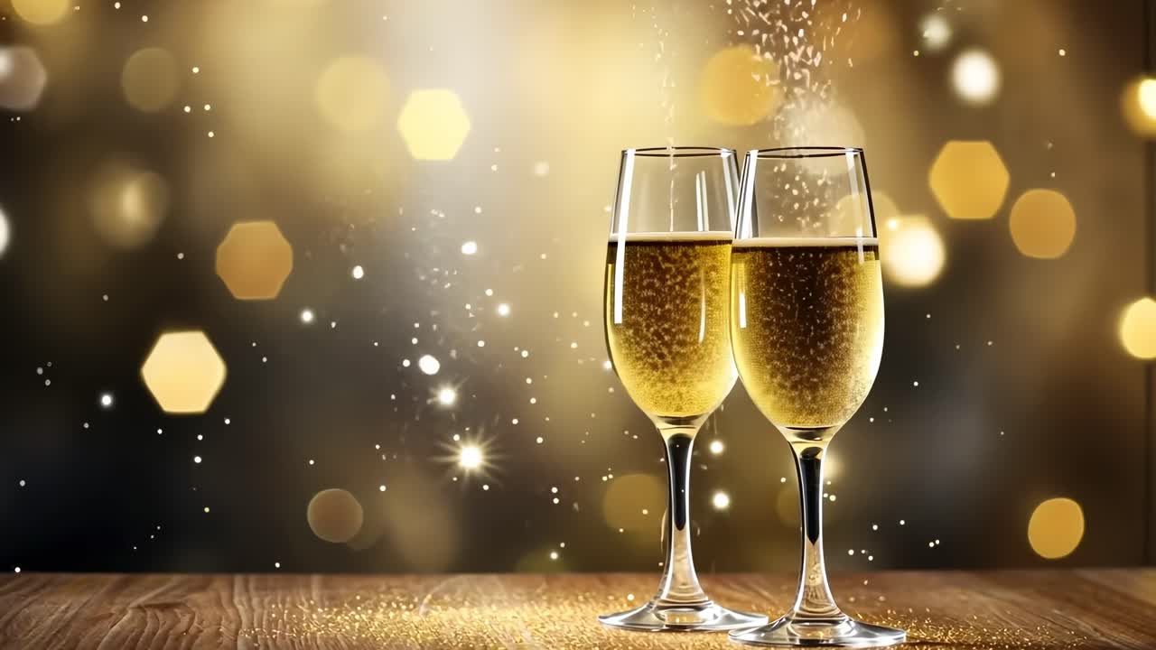 Due calici di champagne su un tavolo di legno con uno sfondo bokeh