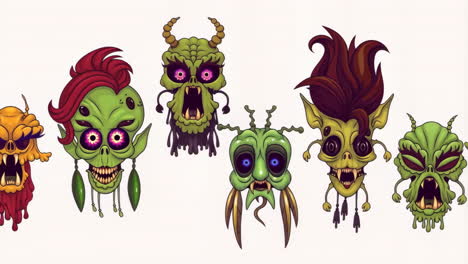 collection of stylized alien and monster head designs