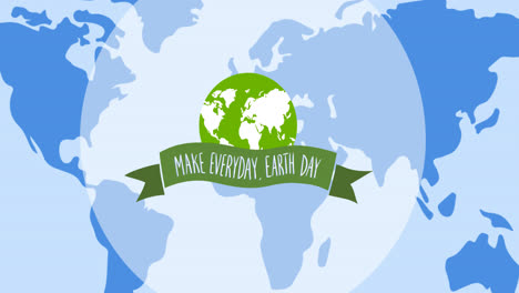 animation of earth day text and globe logo over blue world map