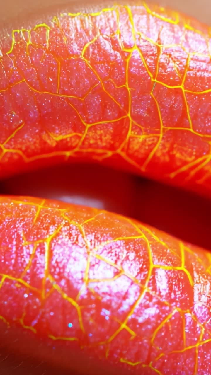 Vibrant Cracked Lip Art Showcasing Bright Orange and Yellow Patterns with Glossy Finish for a Stunning Visual Appeal in Beauty and Fashion Photography