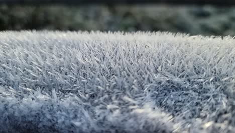 Gefrorene-Frostspitzen,-Natürliches-Muster,-Nahaufnahme,-Beschichtung-Eines-Holzzauns-In-Einer-Kalten-Winterparklandschaft