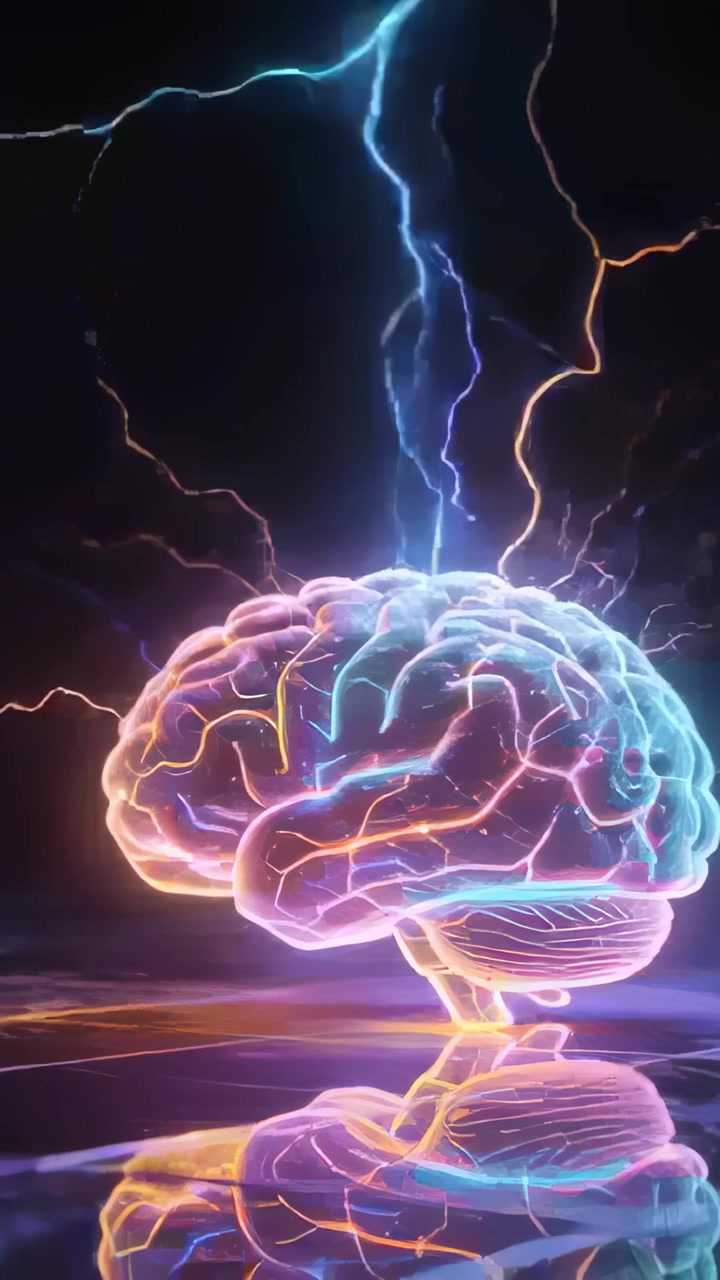 Video Verticale: Ricevendo un Fulmine Blu, Cervello al Neon che Pulsa Sopra un Pavimento a Griglia nel Vuoto, Emettendo Scintille