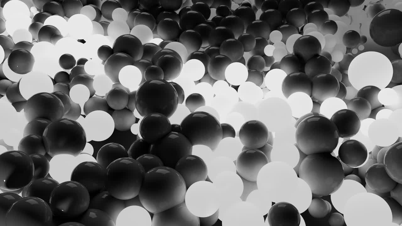 4k 3D seamless loop animation of beautiful gray and white small and large spheres or balls cover plane as abstract geometric background. Some spheres glow.