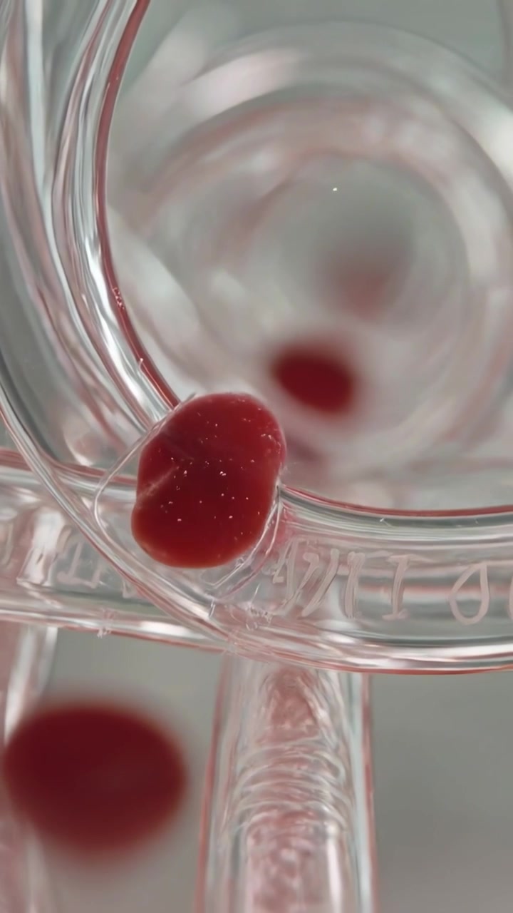 Vertical video: Flowing fluid pushing red blood cells apart at etched channel rim