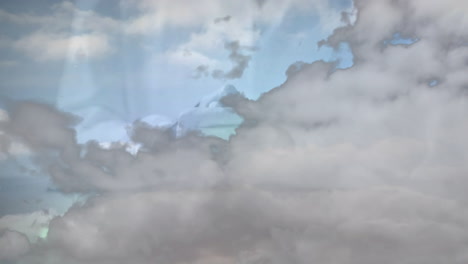 Animation of white clouds covering caucasian man praying