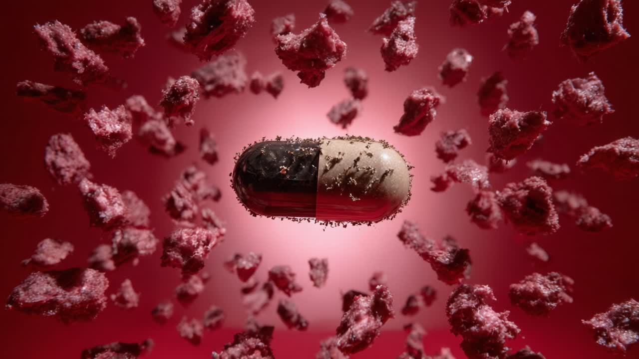 A Dramatic Visualization of a Floating Capsule Surrounded by Dynamic Particles Against a Vivid Red Background, Highlighting Pharmaceutical Innovation and Aesthetics