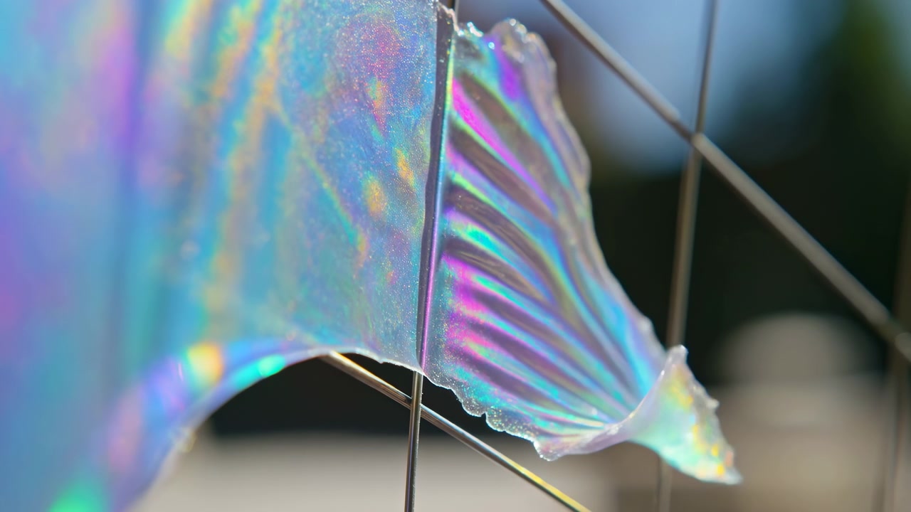Close-up of a delicate translucent material resting on thin metal wires, showing shifting rainbow highlights, soft curves, and a blurred dark background