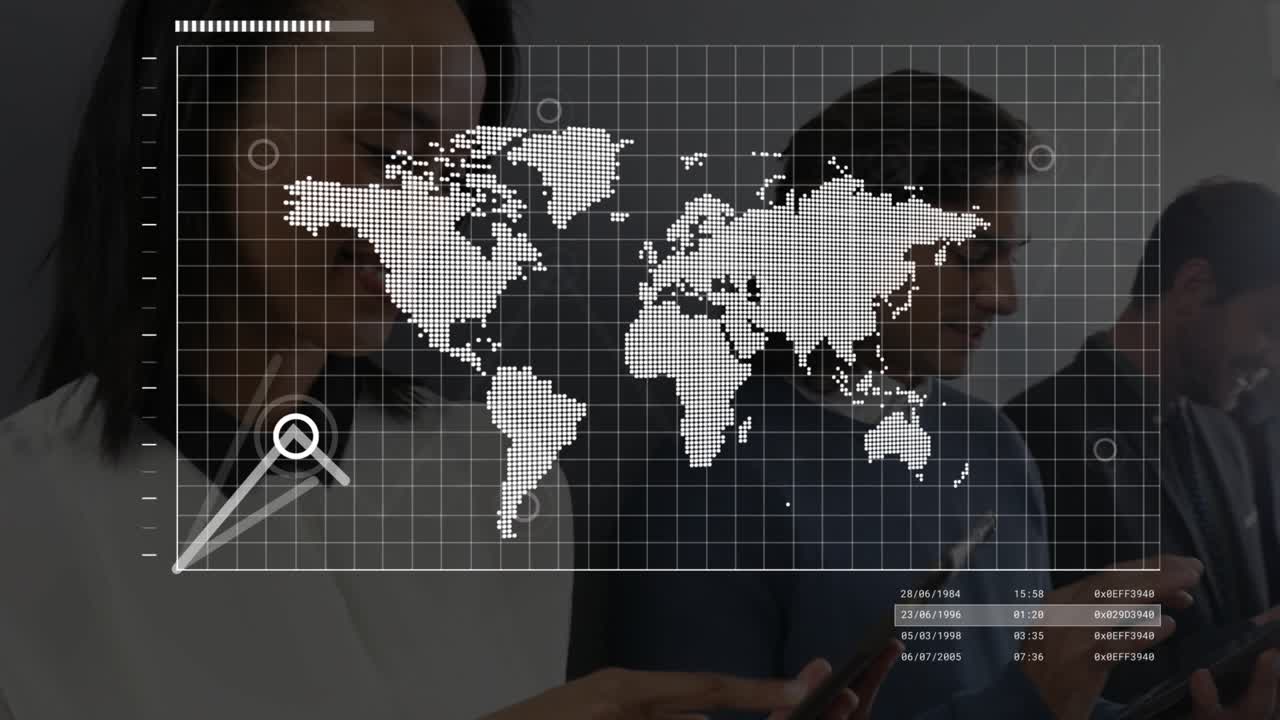 Business team tapping devices in meeting, HUD world map animating line graph showing global growth