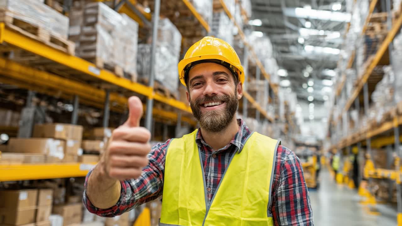 Un sonriente trabajador de almacén, con chaleco y gorra de seguridad, levanta el pulgar mientras está de pie entre estanterías de cajas en un ajetreado centro de distribución, transmitiendo positividad y trabajo en equipo.