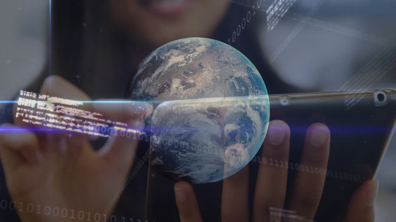 Businesswoman tapping tablet, displaying 3D globe, code and candlestick chart for market analysis