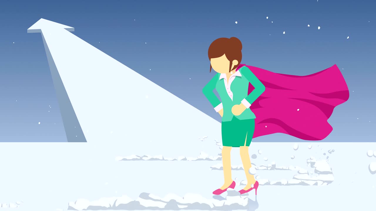 화살표 그래프: 먼지 구름 근처에 서있는 슈퍼 히어로, 비즈니스 여성 상징, 리더십 및 도전 개념, 만화 루프 애니메이션.