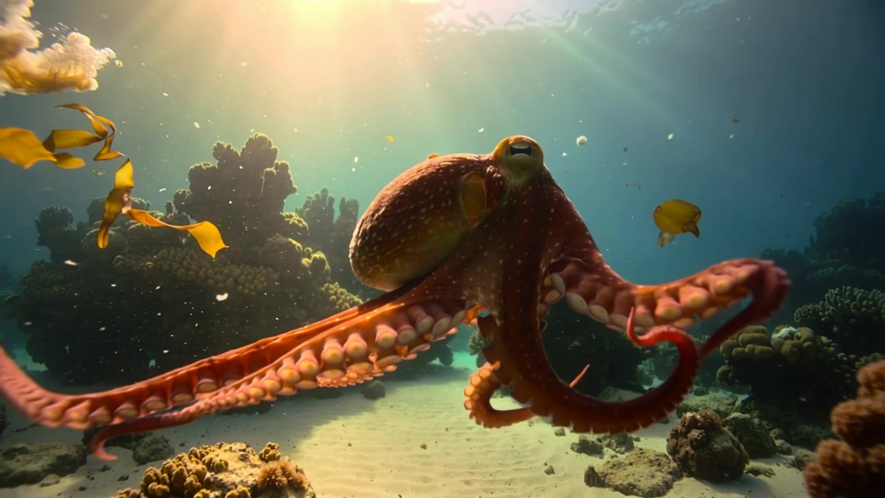 Un pesce giallo appare, un polpo bruno-rossastro estende i tentacoli, si avvolge e si spinge navigando tra le alghe marine.
