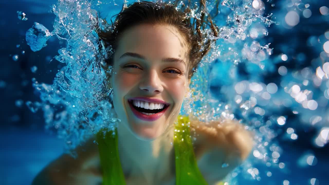 Joyful Swimmer Underwater Smiling Brightly: A Beautiful Capture of Pure Happiness and Serenity Beneath the Water's Surface in a Colorful Pool Environment