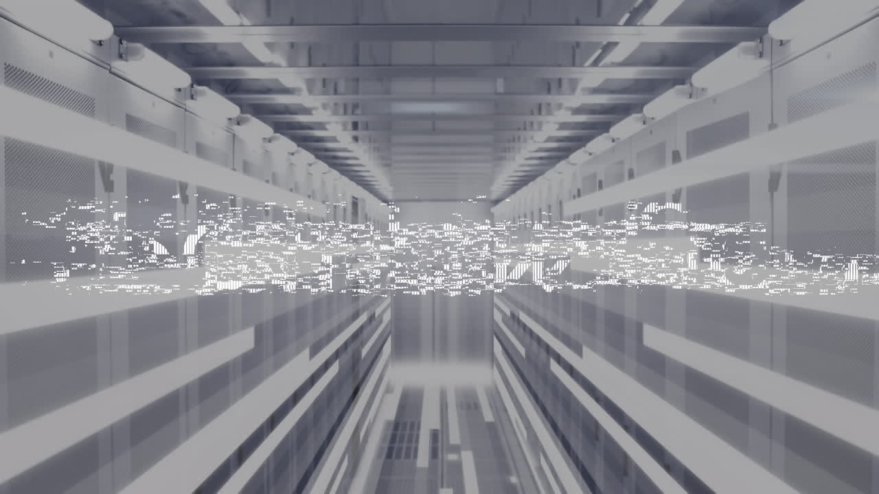 ⁇ 색 텍스트로 새로운 시즌의 애니메이션이 움직이는 미래의 회색 복도를 왜곡합니다.