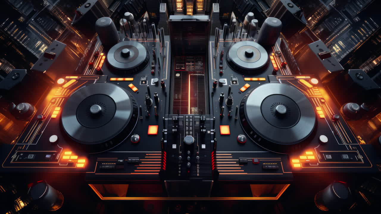 사이버 크 시의 스카이 라인과 dj 튜너 테이블