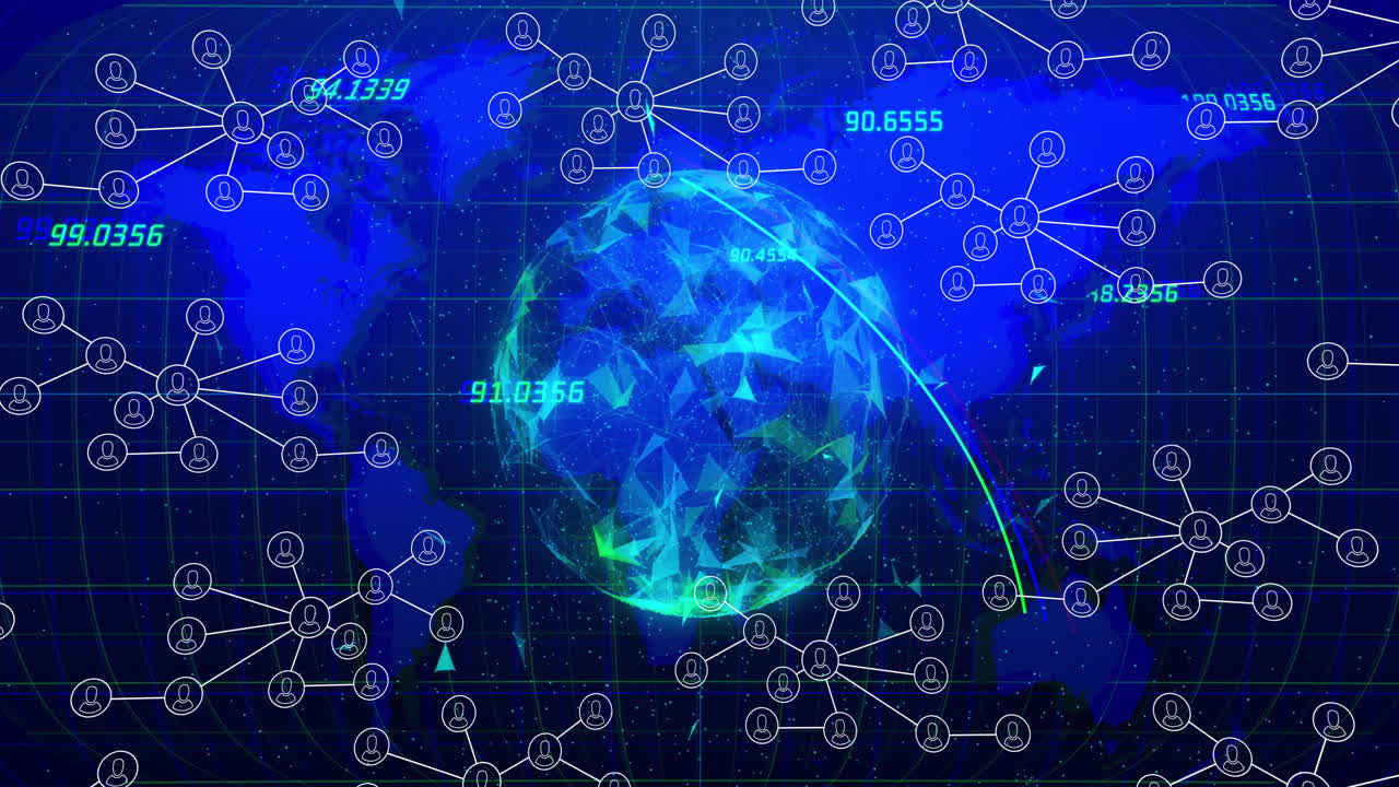Animation of digital globe with network connections and data on blue background