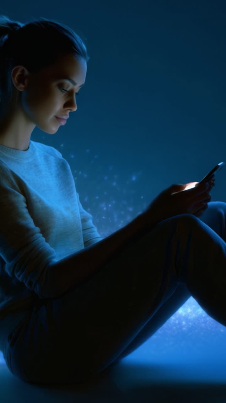 Un momento contemplativo: una giovane donna impegnata con il suo telefono in mezzo a un tenue bagliore blu, che cattura l'essenza della connessione in un mondo digitale.