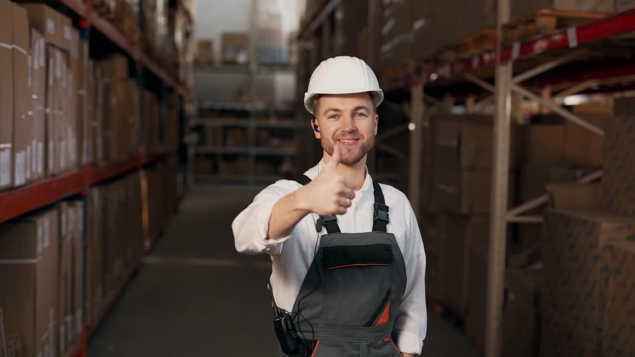 hombre con uniforme de trabajo señalando con el dedo a la cámara en el fondo de los bastidores con cajas