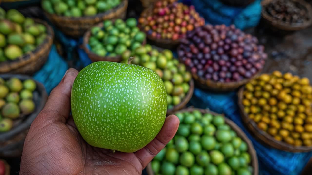 Tampilan Jarak Dekat Apel Hijau Segar yang Dipegang di Tangan Dikelilingi oleh Berbagai Buah Berwarna-warni di Pasar yang Ramai
