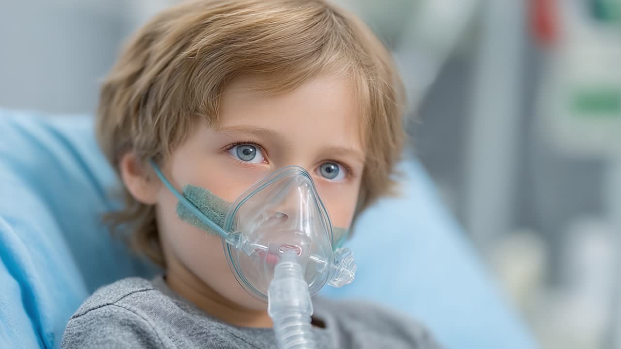 Un niño pequeño con una mascarilla respiratoria en un entorno médico, destacando la importancia del cuidado y el tratamiento en ambientes sanitarios.