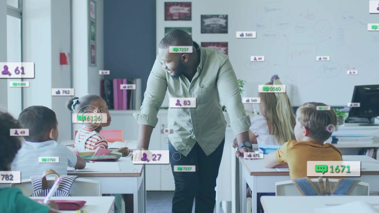 Male teacher leaning, speaking sparking animated badges rising in education while students replying