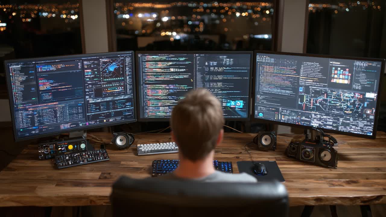 A Focused Programmer Analyzing Data on Multiple Monitors Amidst a Cityscape at Night, Showcasing Advanced Technology and Deep Concentration