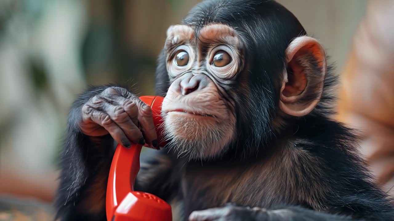 A baby monkey is sitting on a table and holding a red phone. The monkey is smiling and he is enjoying the experience of talking on the phone. The scene is playful and lighthearted