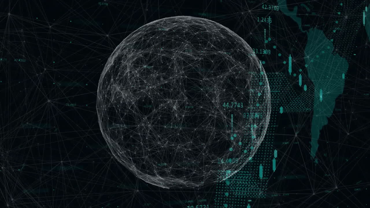 3D network sphere floating in dark interface, displaying neon green data labels, candlestick charts