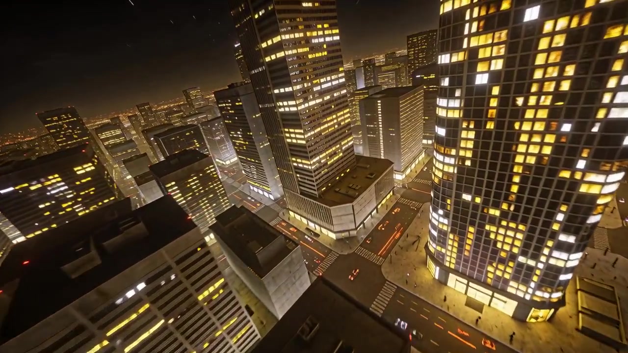 Câmera afastando-se de fachada curva próxima para mostrar o horizonte do centro da cidade com torre redonda iluminada.
