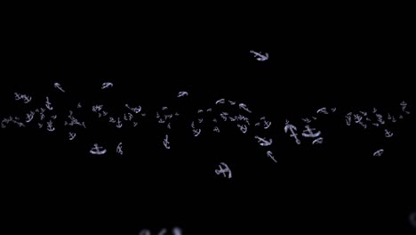 volando muchas anclas en fondo negro. ancla de barco y barco. icono marino. animación de bucle 3d de ancla giratoria.