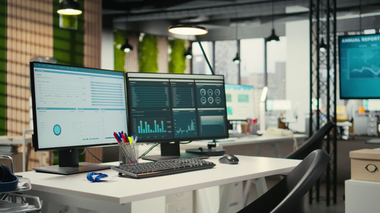 Vertical Video Empty corporate office features high tech technology and dual monitors