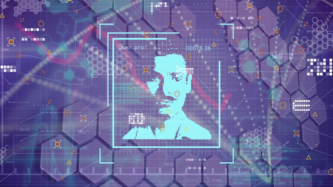 Animation of changing profile icons and data processing against hexagonal shapes on blue background