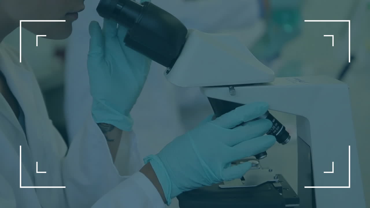 Animation of white frame over diverse scientists using microscope