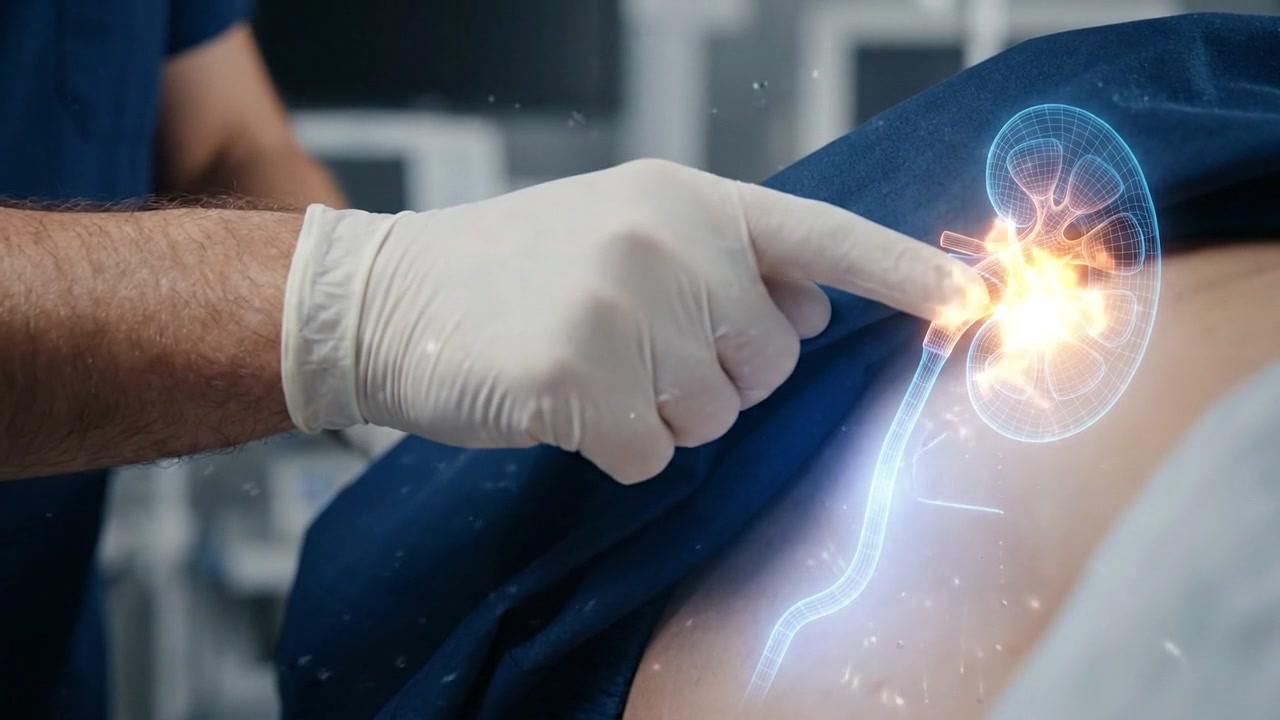 Medico che esamina il paziente con visualizzazione dei reni in realtà aumentata.