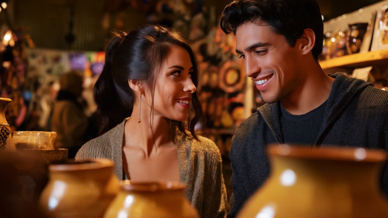 A Couple Enjoying Their Time Together in a Craft Shop, Delighted by Unique Pottery and Handcrafted Treasures, Smiling and Sharing Moments of Joy While Exploring Artistry and Creativity