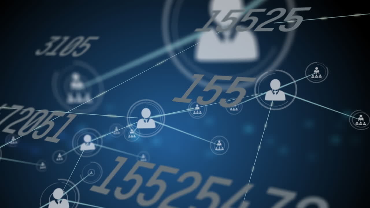 Animation of network of connections with icons and data processing