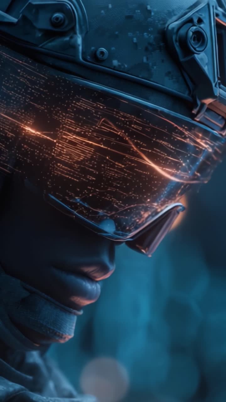 Un soldato futuristico, equipaggiato con tecnologia avanzata, mostra un visore high-tech che visualizza complessi schemi di dati in un ambiente cibernetico, pronto all'azione