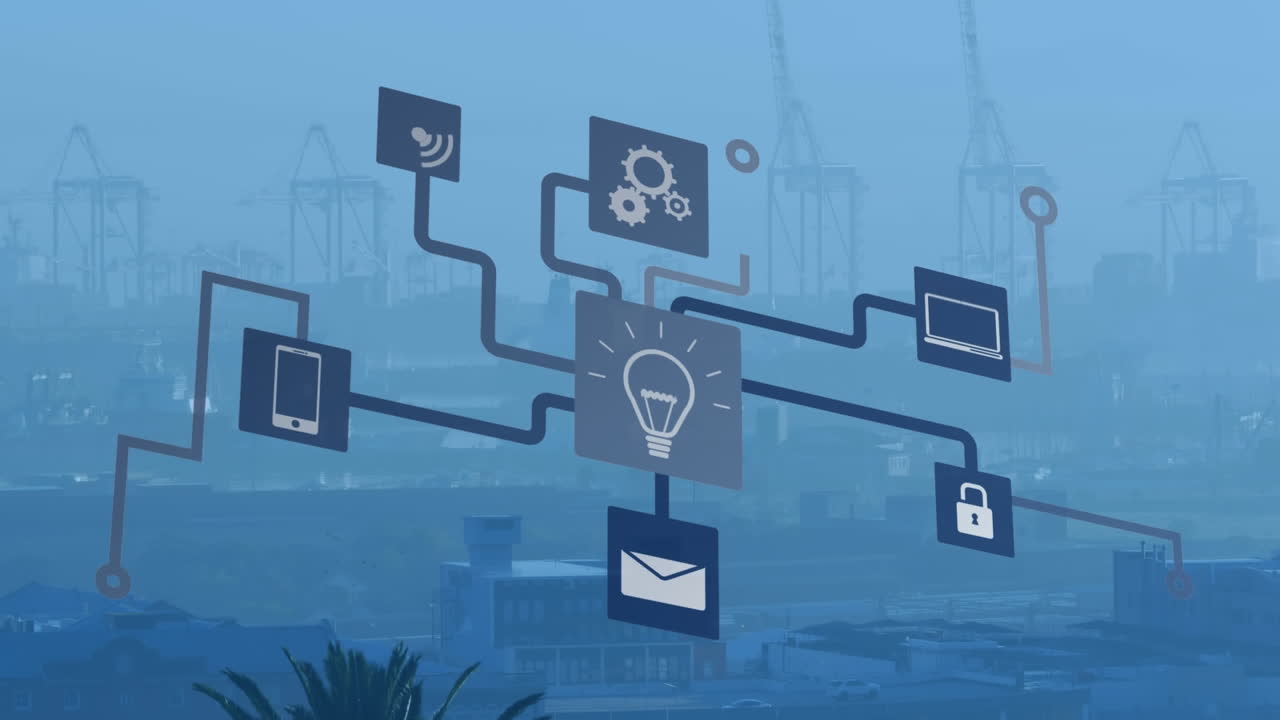 Animation of network of connections with icons and statistics over cityscape