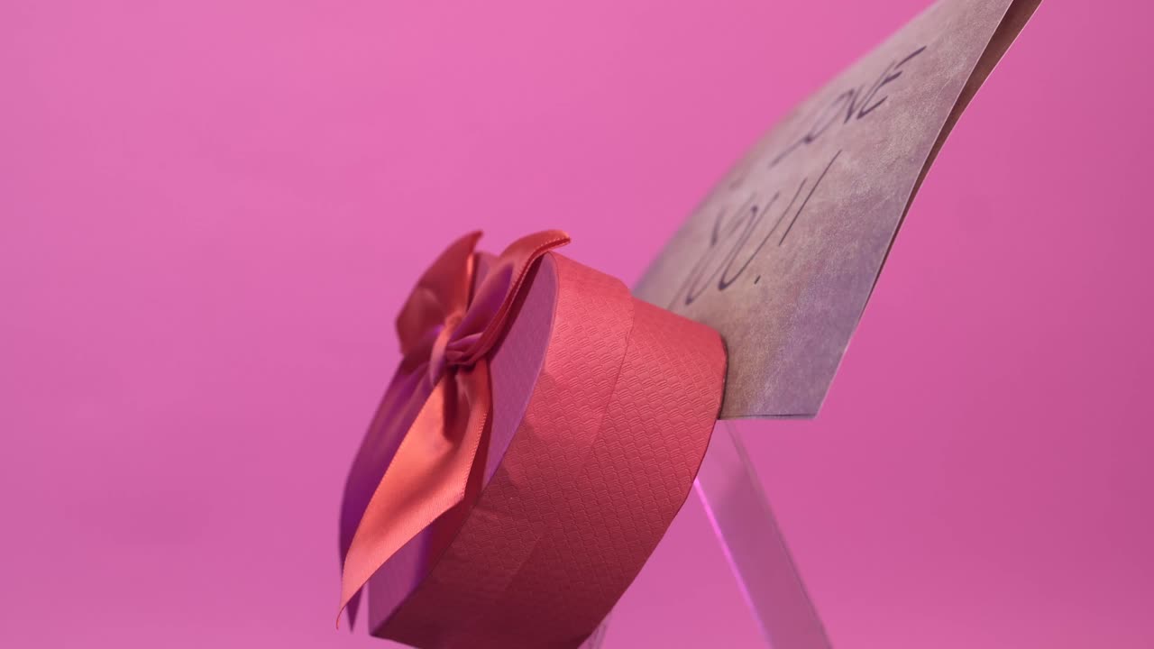 Valentinstagsgeschenk, herzförmige Geschenkbox und Ich-liebe-dich-Nachricht, Nahaufnahme