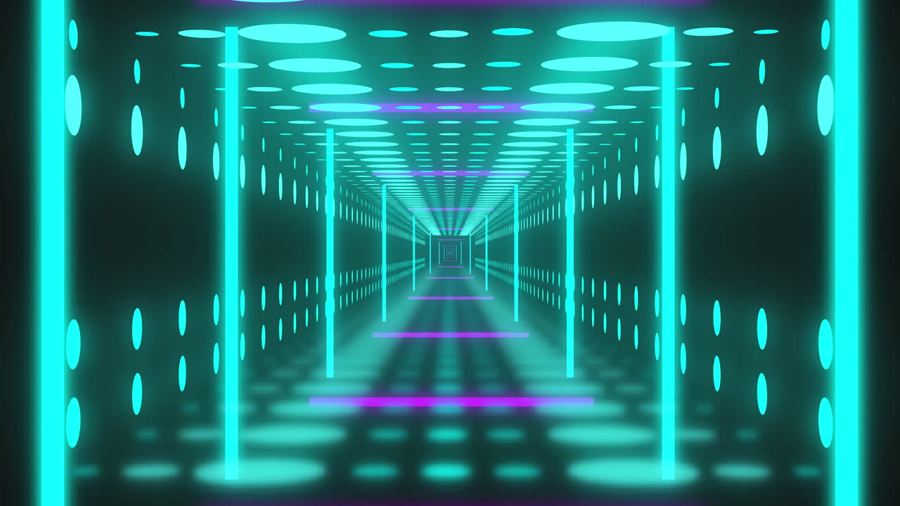 animación de cuadrados de neón y puntos sobre el túnel digital.