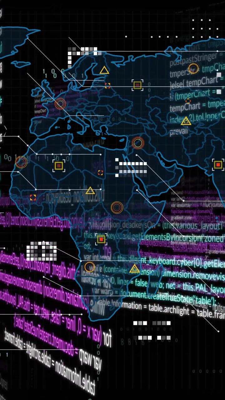Animation of multicolored computer language, geometric shapes on map over black background