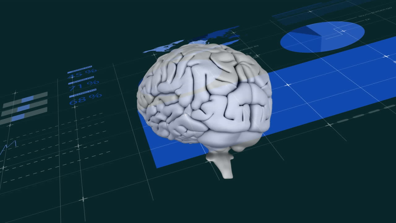 Animation of human brain over infographic interface against black background